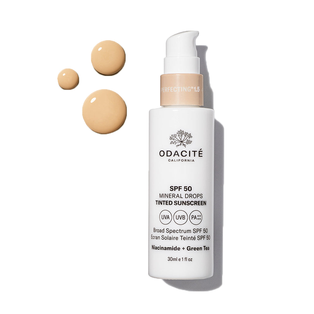 Odacite-Spf 50 Flex-Perfecting™ Mineral Drops Tinted Sunscreen-Sun Care-SPF50Tinted_1.5_POW_bottle_texture-The Detox Market | 1.5 - light with neutral undertones